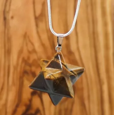 TIGERS EYE MERKABA SILVER PENDANT CRYSTAL Healing  Reiki Gemstone Jewellery • £7.50