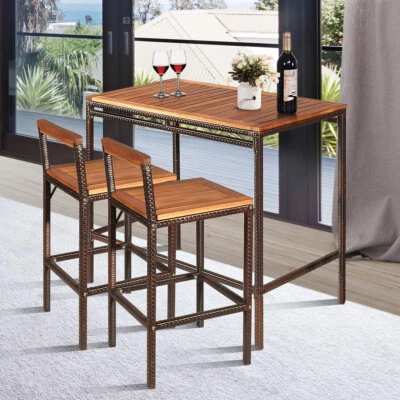 $219.95 • Buy 3 PCS Patio Rattan Wicker Bar Dining Furniture Set Wood Table Chair Outdoor