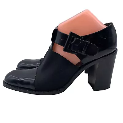 VIA SPIGA Black Leather Chunky Heel Square Toe Booties Shoes Sz 10 Y2K • $40