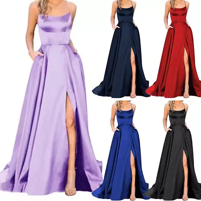 UK Women Formal Long Evening Ball Gown Party Prom Wedding Bridesmaid Dress Satin • £22.15