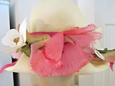 *Sale 2 VINTAGE MR JOHN HATS WT W/ LG SILK LG FLOWERS & PINK RAFFIA CLOCHE 21.5” • $35