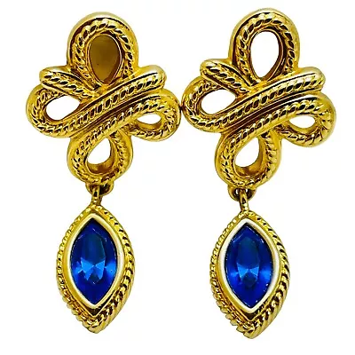 Vtg Swarovski Gold Plated Sapphire Blue Crystal Drop Earrings Designer Runway • $59.99