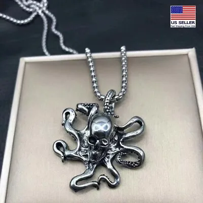 Men Stainless Steel Viking Kraken Skeleton Octopus Monster Pendant Necklace 0337 • $9.99