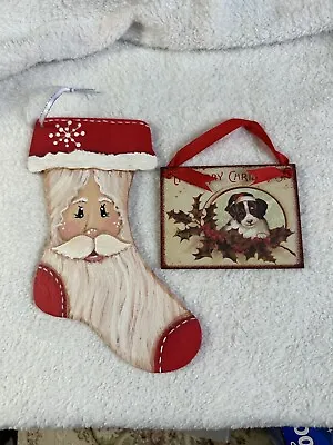 Lot Of 2 Christmas Ornaments Handmade Puppy Santa • $12