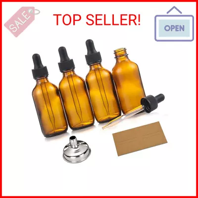 4-Pack 2oz Dark Amber Glass Tincture Bottles With Droppers & Funnel • $8.60