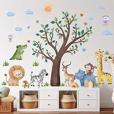 Safari Jungle Animals Wall Decals Tree Wall Stickers Lion Giraffe Hippo Monkey C • $19.99