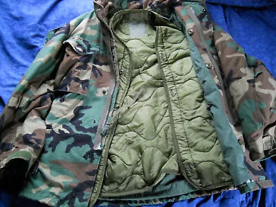 US Army M-65 Field Jacket Cold Weather Hooded Coat Woodland Camo W Liner VTG 80s • $55