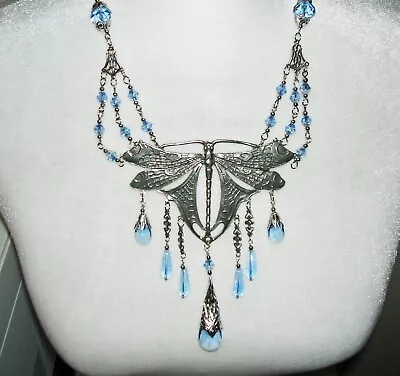 ART NOUVEAU DRAGONFLY Necklace BLUE Czech Glass Vintage Style FESTOON • $69.95
