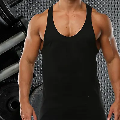 Mens Gym Vest Plain Stringer Bodybuilding Muscle Training Top Fitness Singlet • £8.99