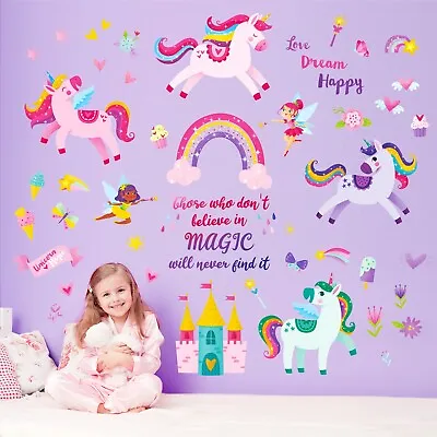 Decowall DSL-2119 Unicorns And Fairies Wall Stickers For Kids Livingroom Bedroom • £13.99