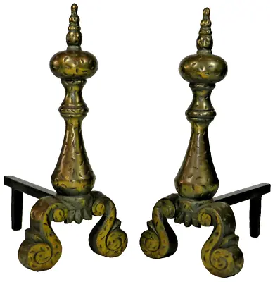 Vintage Brass Metal Andirons Fireplace Log Holders Fire Dogs 18  • $149.99