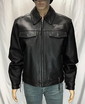 Rare VICTORY Motorcycles USA 🇺🇸 Black Leather Fringe Sleeve Jacket Men M • $169.61