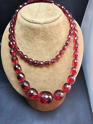 Vintage Cherry Amber Bakelite 32'' Long Oval Faceted Bead Necklace Art Deco 48 G • $650