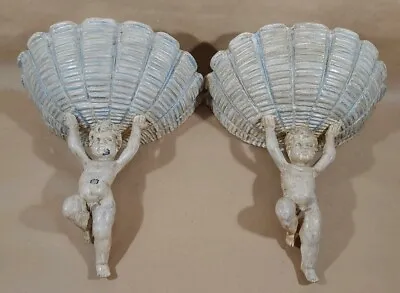 Pair Of Antique Aluminum Cherub & Shell Wall Sconce Planters U-10I • $400