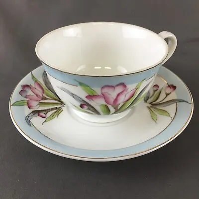 Vintage Merit Made In Occupied Japan Blue Pastel Rim Pink Tulip Cup & Saucer Set • $14.99