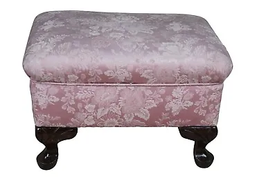 Vintage Queen Anne Floral Upholstered Walnut Ottoman Foot Stool Vanity Pouf Pink • $242.25