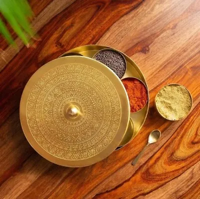 Indian Handmade Pure Brass Spice Box With Spoon Masala Box Spice Container • $59.99