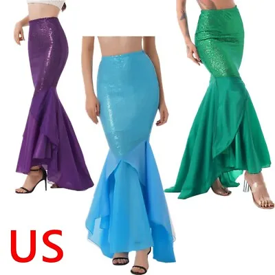 US Women Mermaid Tail Skirt Cosplay Costume Sequined Maxi Dress  Sexy Dancewear • $29.65