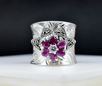 10Gm Natural Pink Ruby & Moissanite Flower Symbol 925 Sterling Silver Charm Ring • $92.55