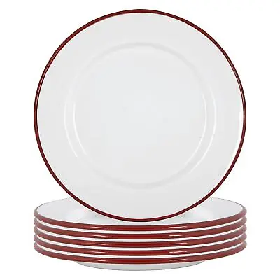 6x White Enamel Dinner Plates Metal Outdoor Camping Food Dishes 25.5cm Red • £19
