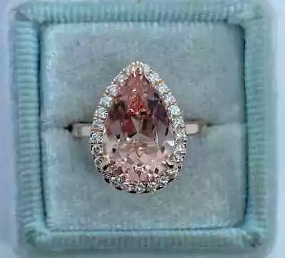 2.50Ct Pear Cut Lab-Created Morganite Halo Engagement Ring 14K Rose Gold Plated • $121.49