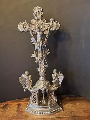 Antique Church Silver Tone Metal ArtNouveau Altar Standing Crucifix Jesus Angels • $275