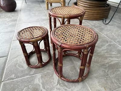 Set/3 Vintage 1960/70s Bamboo Boho Tiki Round Tables/Nesting Tables/Plant Stands • $225
