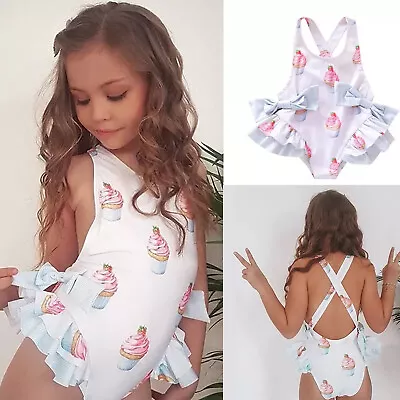 Baby Kids Girls Ice Cream Print Bow Backless  Swimwear Swimsuit • £9.07