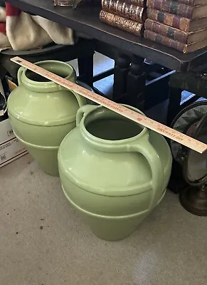 VINTAGE Alamo Pottery Huge Green Pair Of Handled Floor Vases Outdoor Indoor • $1900