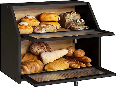 Farmhouse Bamboo Bread Box With Frosted Glass Window - Extra Large Capacity • $61.99
