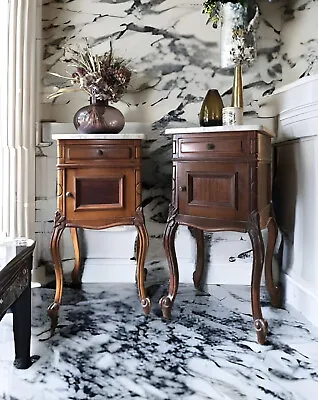 Antique Almost Pair Marble Top French Bedside Cabinets Pot Cupboards Lamp Table • £795