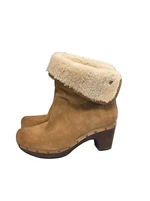 Ugg Lynnea Boots Womens 7 Honey Suede Shearling Wooden Heel Clog Fold Over • $47.39