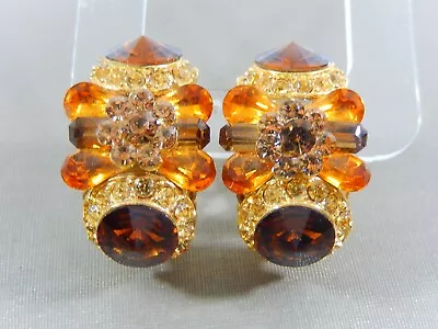 Vtg  Rivoli Amber & Topaz Rhinestone  Repurposed Unique Statementclip Earrings • $24.95