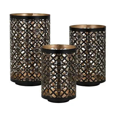 Set Of 3 Lantern Candle Holders Moroccan Lattice Gold Black Metal Frames - • $138.57