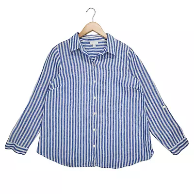 J. JILL Love Linen Long Sleeve Top Button Down Blue White Stripe Roll Tab Small • $18