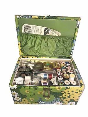 Floral Sewing Box  Hippy 1960s K C Product Case Contents Thread Needles Scissors • $44.99