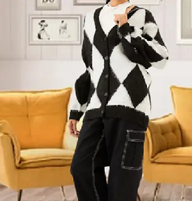 H&M Trend Conscious Oversized Black ARGYLE Harlequin-patterned Cardigan Sz XS M • $49.99