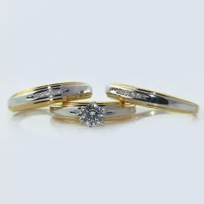 2.18CT Diamond His/Her Lab Created Bridal Trio Ring Set 14K Two-Tone Gold Finish • $137.33