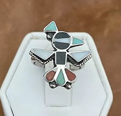 Vtg 1950s-60s Native Zuni Peyote Thunderbird Multicolor Inlaid 925 Ring Size 5 • $70