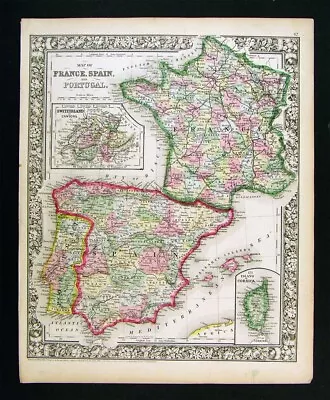 1865 Mitchell Map France Spain Portugal Corsica Lisbon Madrid Paris Europe • $19.99