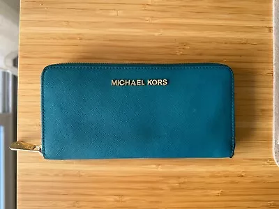 Michael Kors Blue Leather Jet Set Zip Around Wallet Used • $45