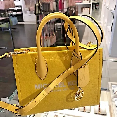 Michael Kors Mirella Small Shopper Top Zip Crossbody Satchel Bag Yellow Leather • $113