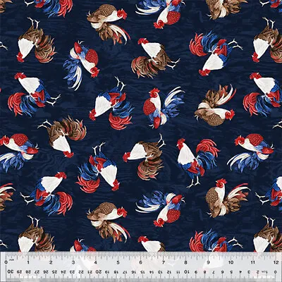 Patriotic Fabric | Free Range Rooster Toss Dark Blue | Windham YARD • $10.98