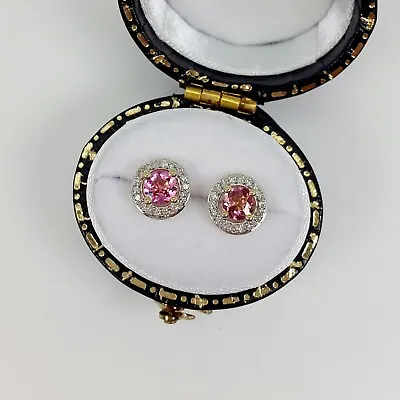 £280.50 • Buy Pink Tourmaline & Diamond Cluster Stud Earrings In 9ct Yellow Gold Brand New 