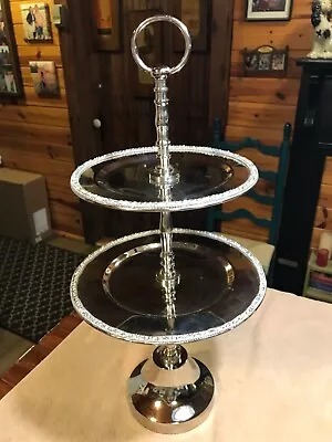 PEDESTAL 2-TIER  SILVERPLATE TIDBIT SERVER TRAY - INDIA - 20  W/JEWELED EDGE • $20