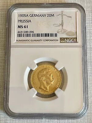 Germany 1905-A Prussia 20 Mark Gold NGC MS61 Sku# 5919 • $1142.94