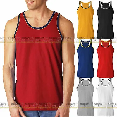 Two Tone Trim Mens Muscle Sleeveless Athletic Gym Plain Vest Tank Top Racer Back • £3.99