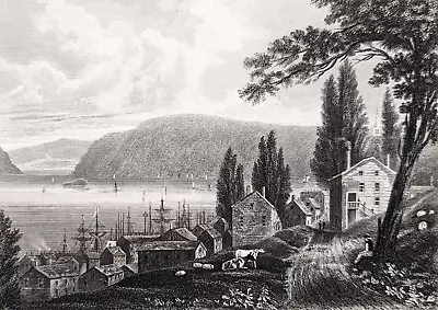 NEWBURGH NEW YORK 1848 Engraving ORIGINAL Hudson River Harbor Landscape View • $18