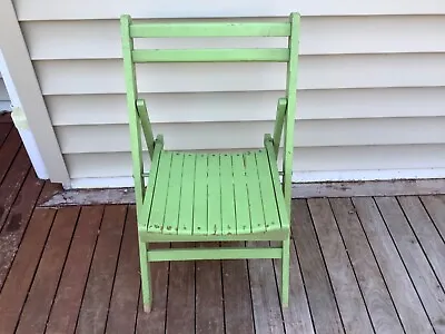 Vintage Wooden Green Painted Folding Wood Slat Pool Deck Arm Chair • $115
