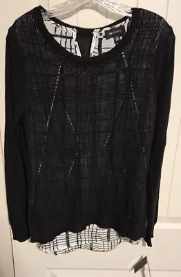 AB Studio Top Black Knit Sweater Over A White And Black Striped Tank Top Size L • $13.99